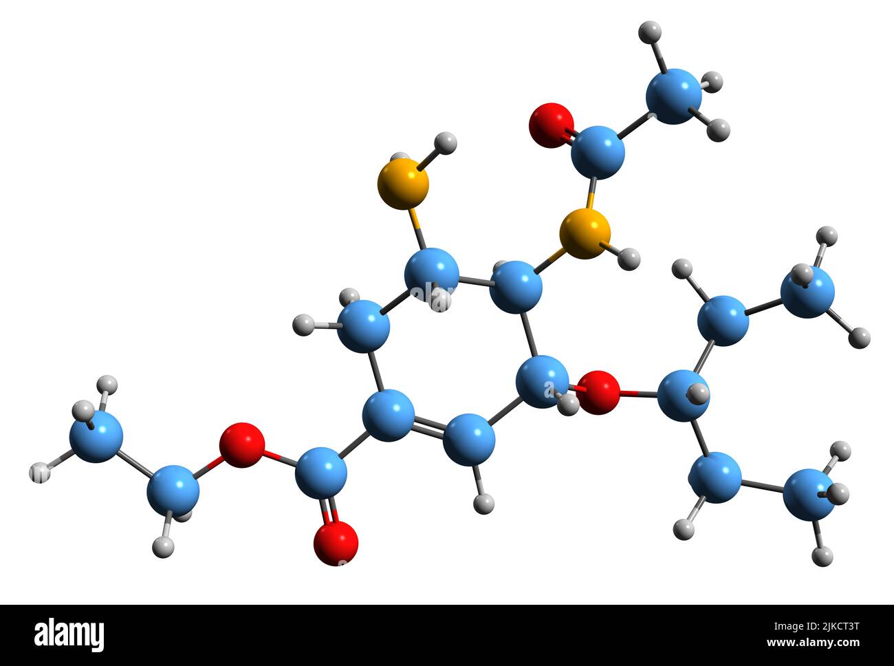 3D immagine della formula scheletrica di Oseltamivir - struttura chimica molecolare del farmaco antivirale isolato su sfondo bianco Foto Stock