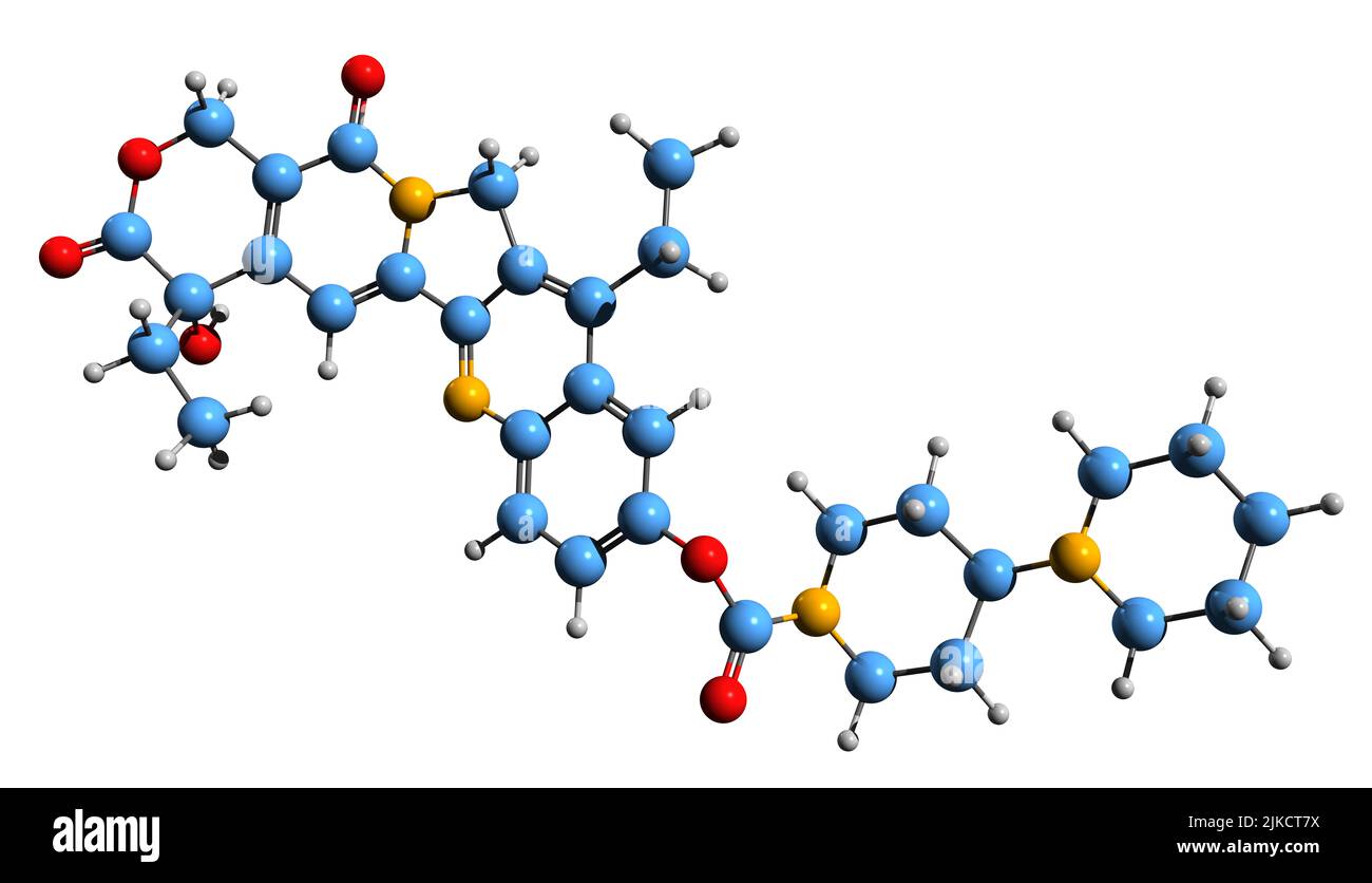 3D immagine della formula scheletrica dell'irinotecano - struttura chimica molecolare del medicamento antitumorale isolato su sfondo bianco Foto Stock