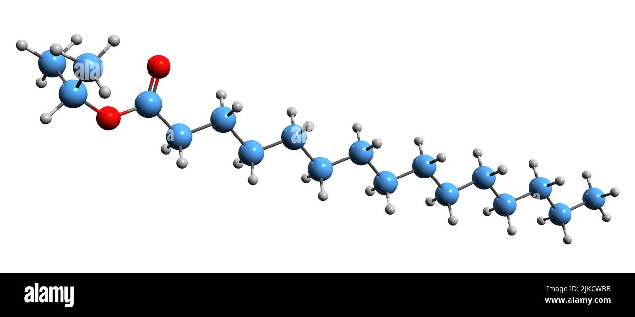 3D immagine della formula scheletrica del miristato di isopropile - struttura chimica molecolare dell'acido tetradecanoico isolato su sfondo bianco Foto Stock
