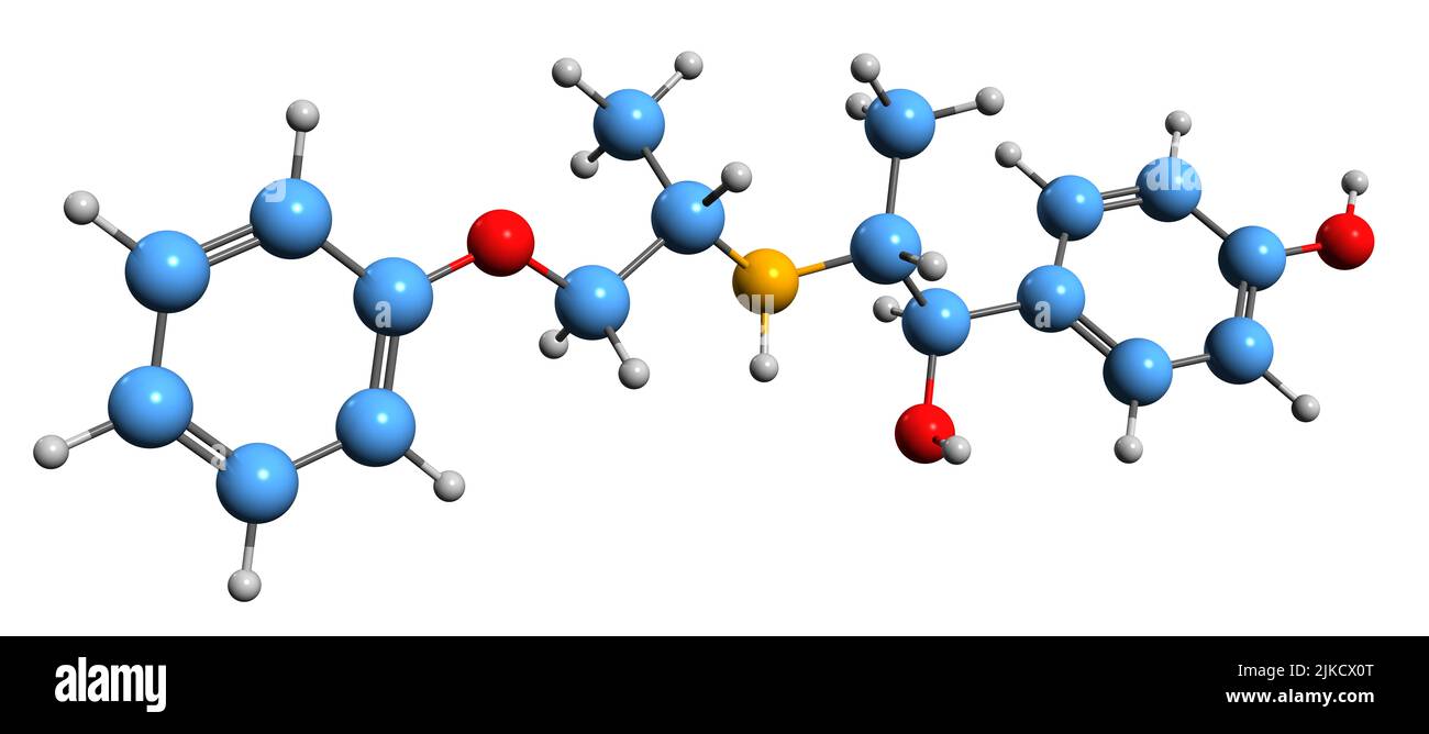 3D immagine della formula scheletrica di Isoxsuprina - struttura chimica molecolare del farmaco vasodilatatore isolato su sfondo bianco Foto Stock