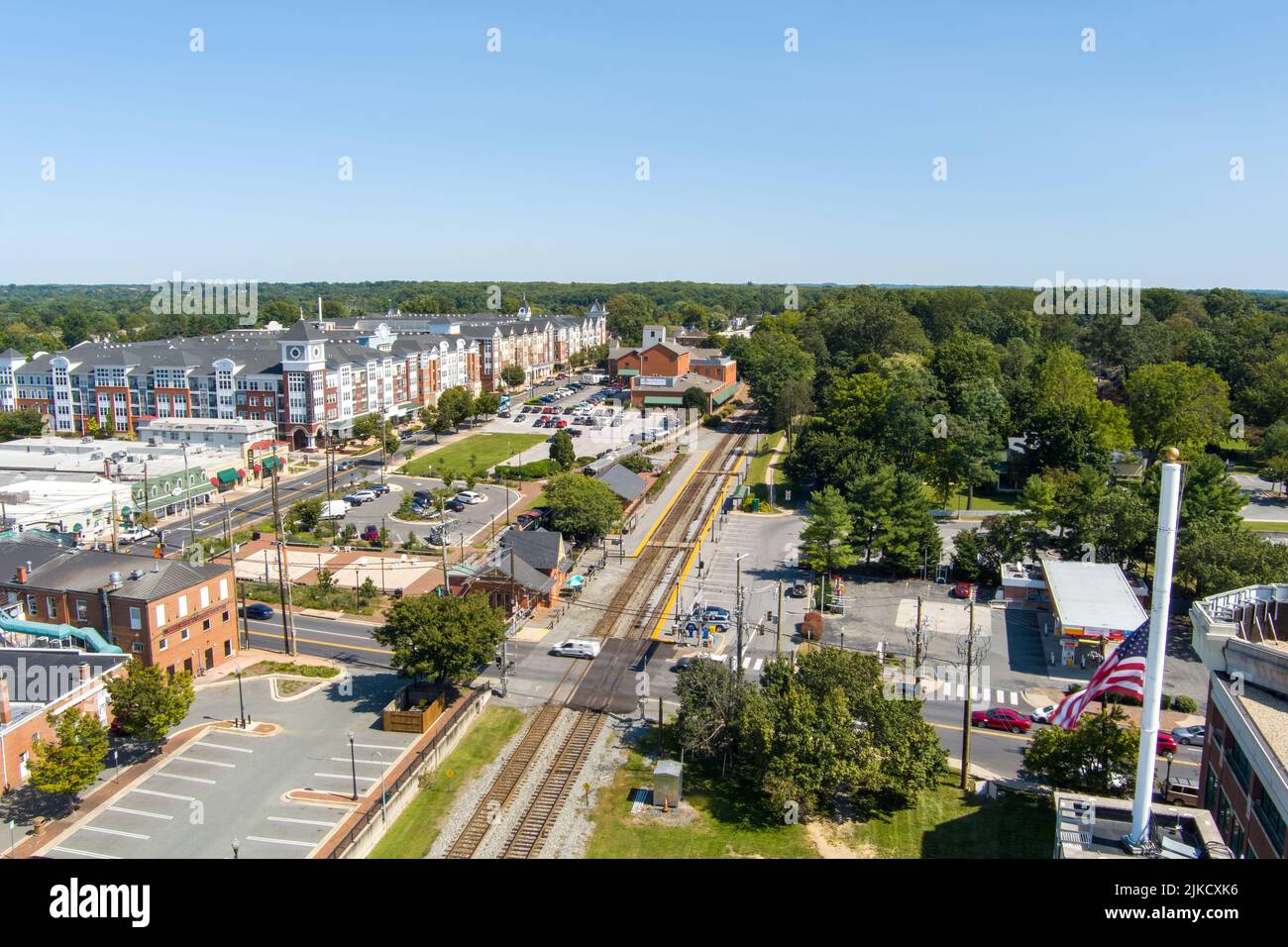 Vista aerea della città vecchia di Gaithersburg nella contea di Montgomery, Maryland. Foto Stock