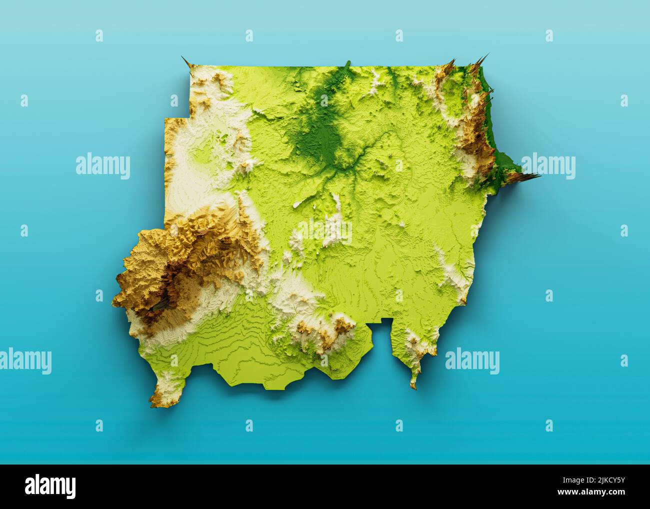 Una rappresentazione 3D della mappa del Sudan fatta di rilievo ombreggiato Foto Stock