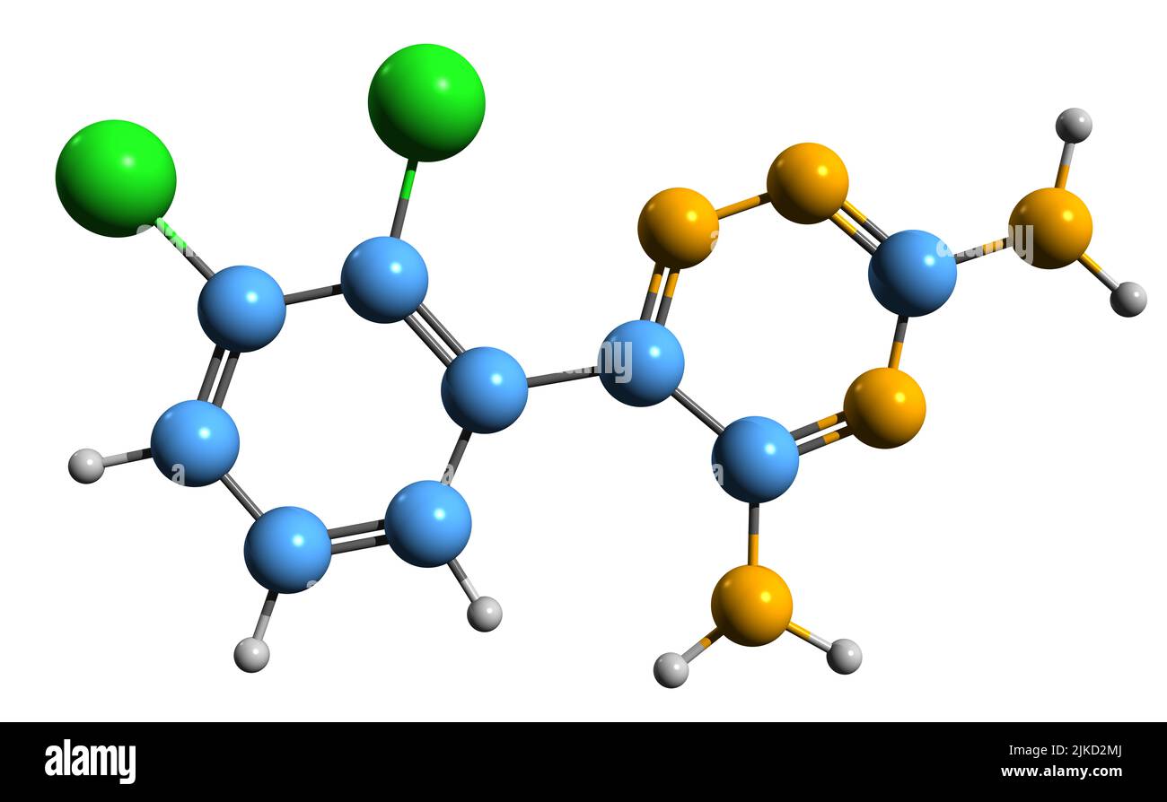 3D immagine della formula scheletrica Lamotrigina - struttura chimica molecolare del farmaco epilettico isolato su sfondo bianco Foto Stock