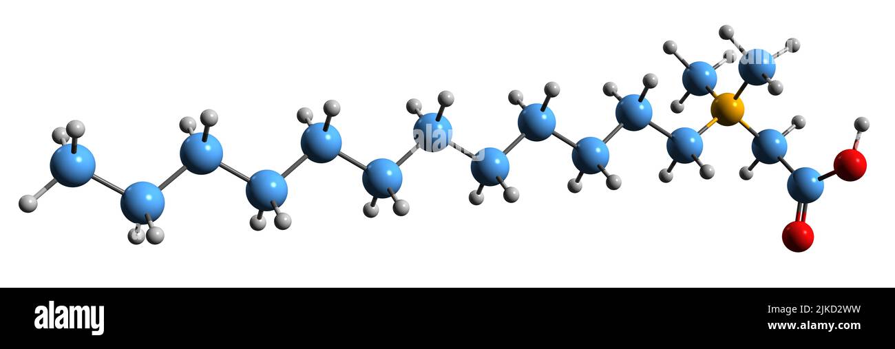 3D immagine di lauril dimetil glicinebetaina formula scheletrica - struttura chimica molecolare di tensioattivo isolato su sfondo bianco Foto Stock