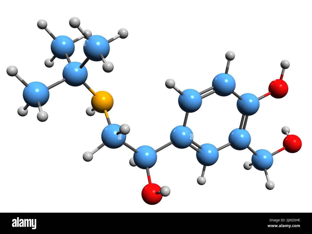 3D immagine della formula scheletrica di Levosalbutamolo - struttura chimica molecolare dell'agonista del recettore adrenergico isolato su sfondo bianco Foto Stock