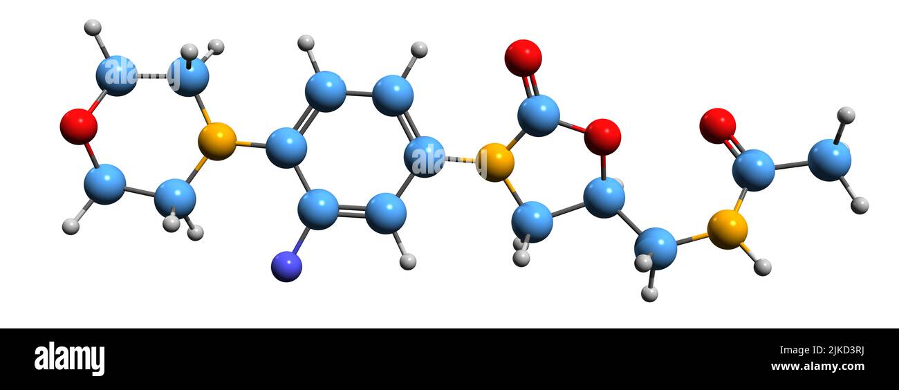 3D immagine di Linezolid formula scheletrica - struttura chimica molecolare di antibiotico isolato su sfondo bianco Foto Stock