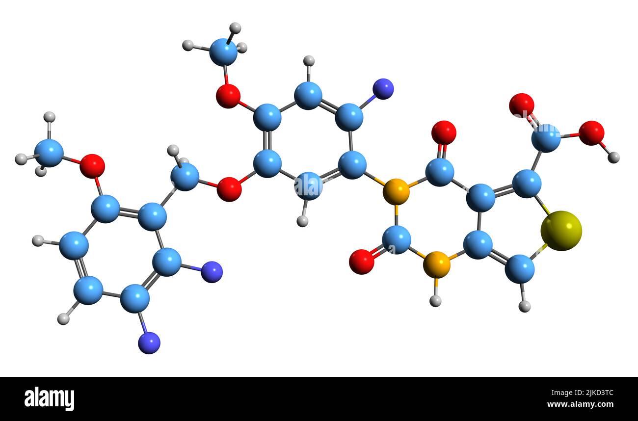 3D immagine della formula scheletrica di Linzagolix - struttura chimica molecolare del farmaco dei fibroidi uterini isolato su sfondo bianco Foto Stock