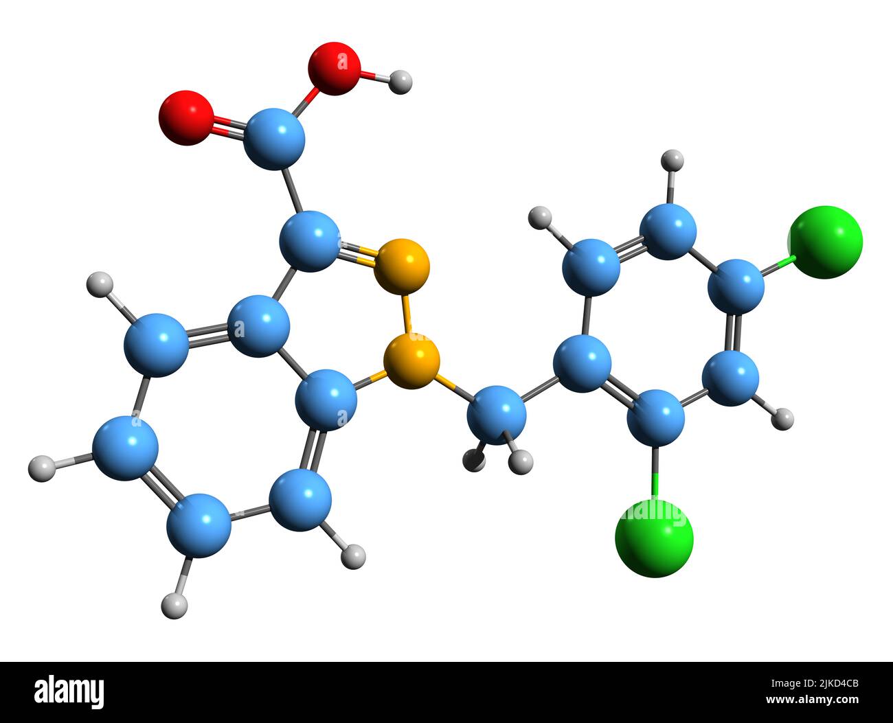 3D immagine della formula scheletrica della lonidamina - struttura chimica molecolare del derivato dell'acido indazolico-3-carbossilico isolato su sfondo bianco Foto Stock