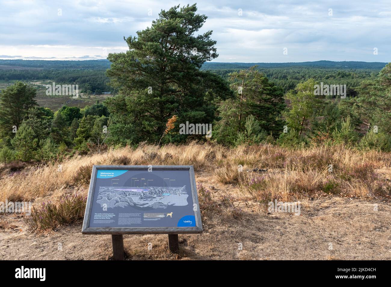 Spony Jump, una caratteristica geologica e sperone roccioso su Frensham Common, Surrey, Inghilterra, Regno Unito. Bacheca informativa al punto panoramico in pietra d'ferro. Foto Stock