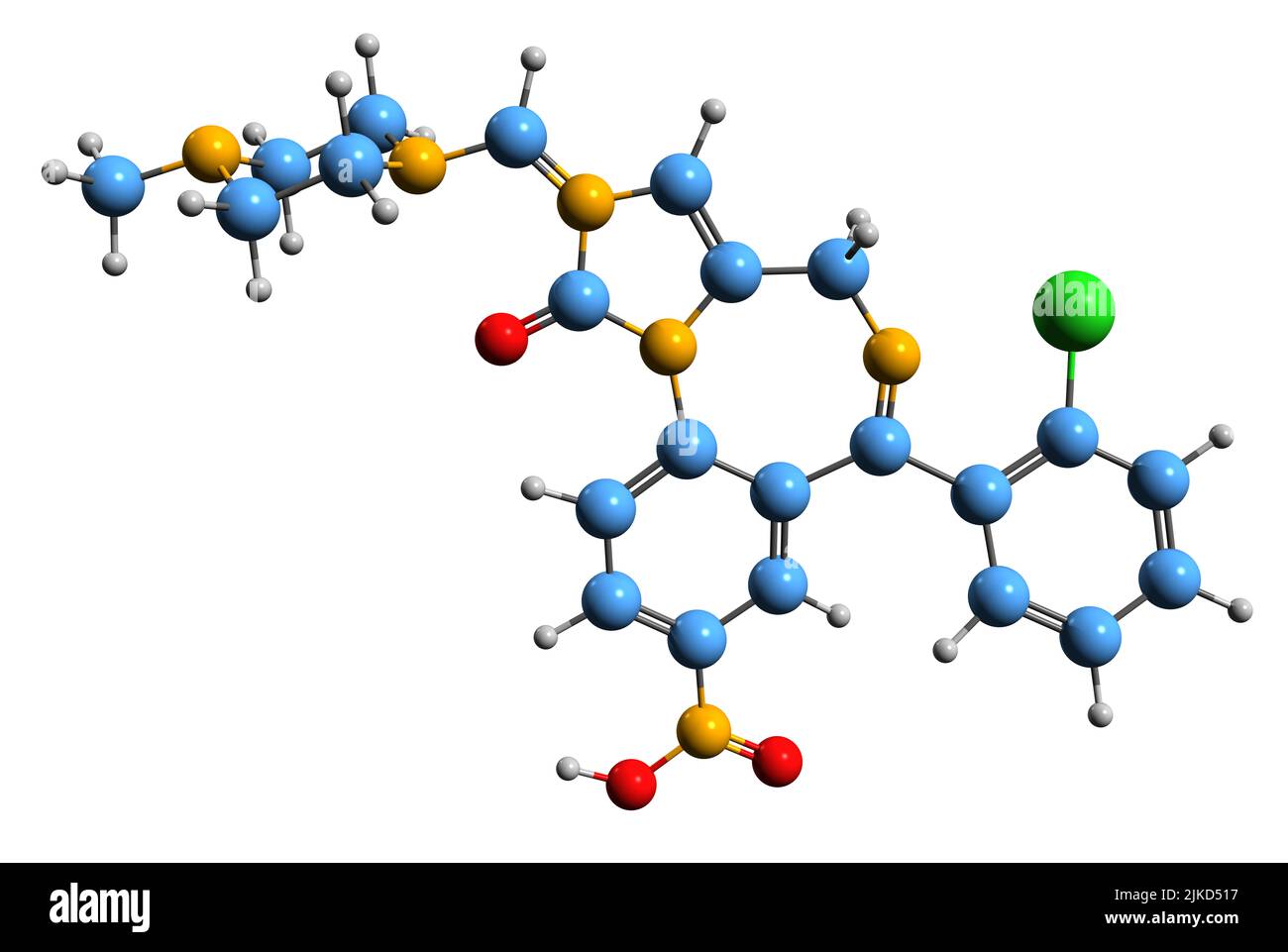 3D immagine della formula scheletrica di Loprazolam - struttura chimica molecolare del farmaco di benzodiazepina isolato su sfondo bianco Foto Stock