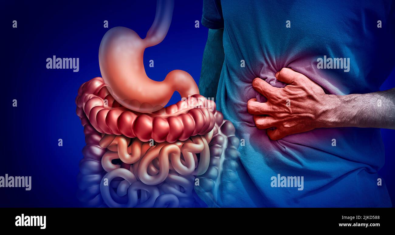 Dolori di stomaco o stomachache con un dolore del sistema digestivo come una malattia addominale o IBS e ulcere che rappresentano l'infiammazione intestinale. Foto Stock