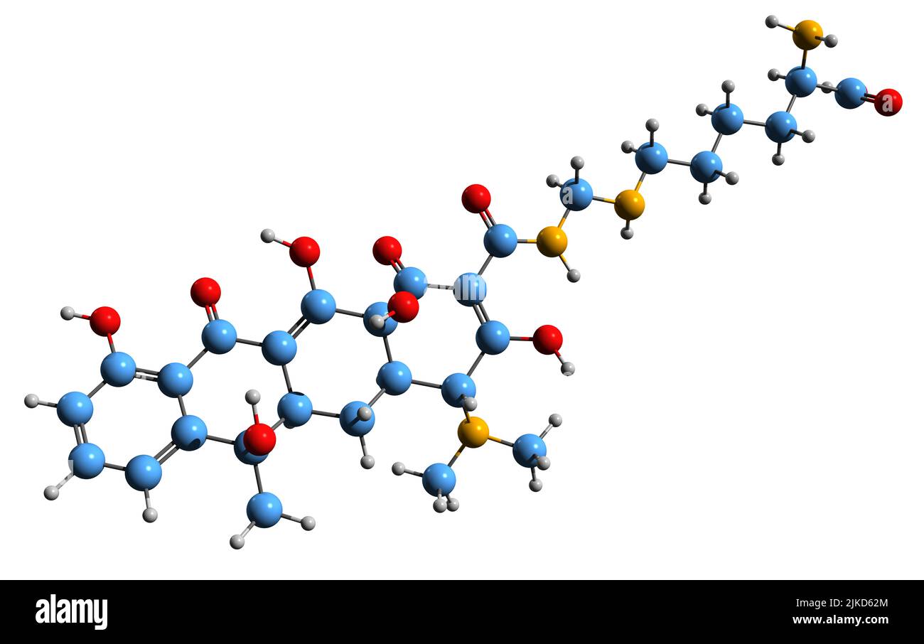 3D immagine della formula scheletrica della Lymeciclina - struttura chimica molecolare della tetraciclina antibiotico ad ampio spettro isolato su sfondo bianco Foto Stock