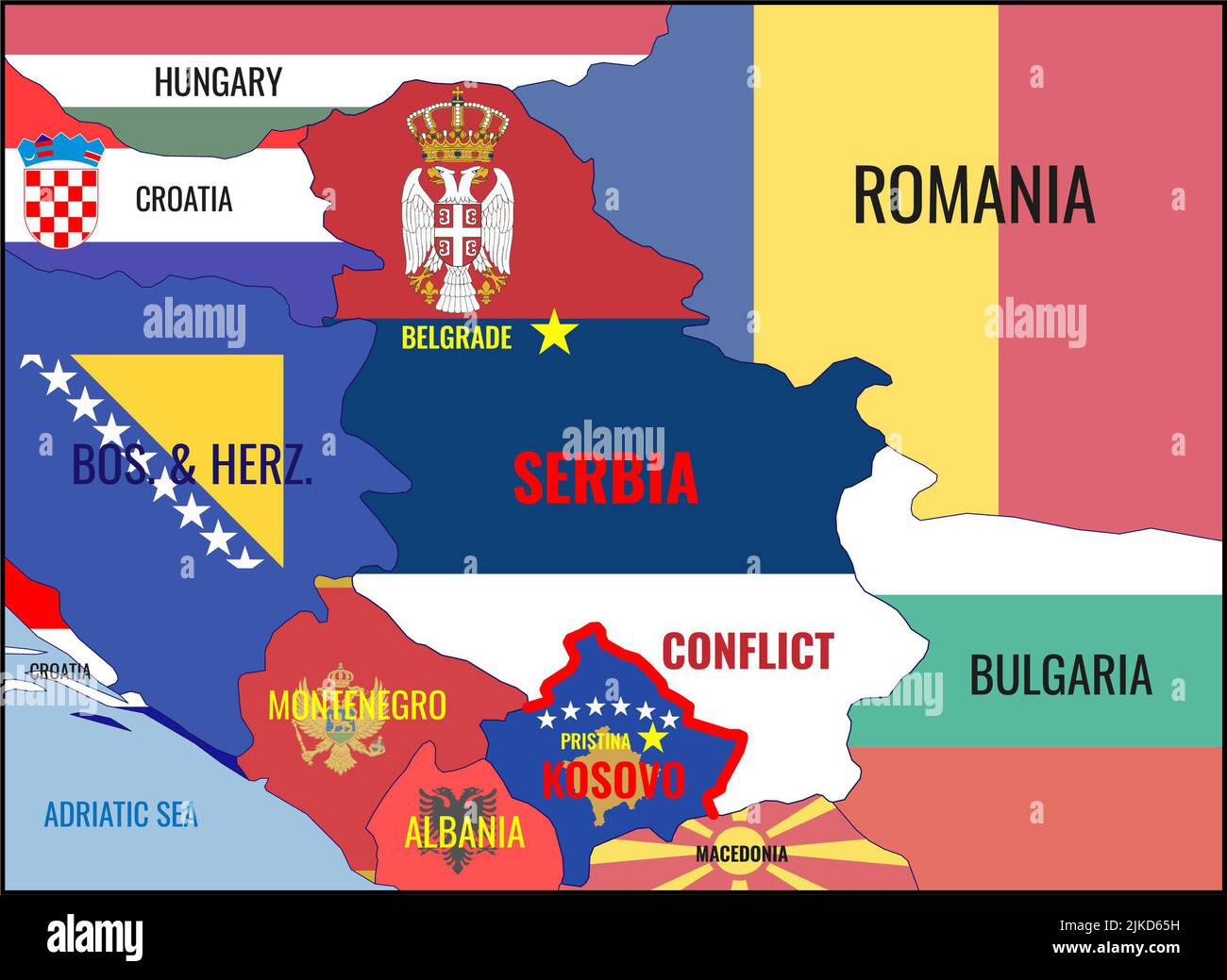 Illustrazione di una mappa della Serbia, del Kosovo e dei paesi vicini con bandiere nazionali. Conflitto nei Balcani, in Serbia e in Kosovo. Foto Stock