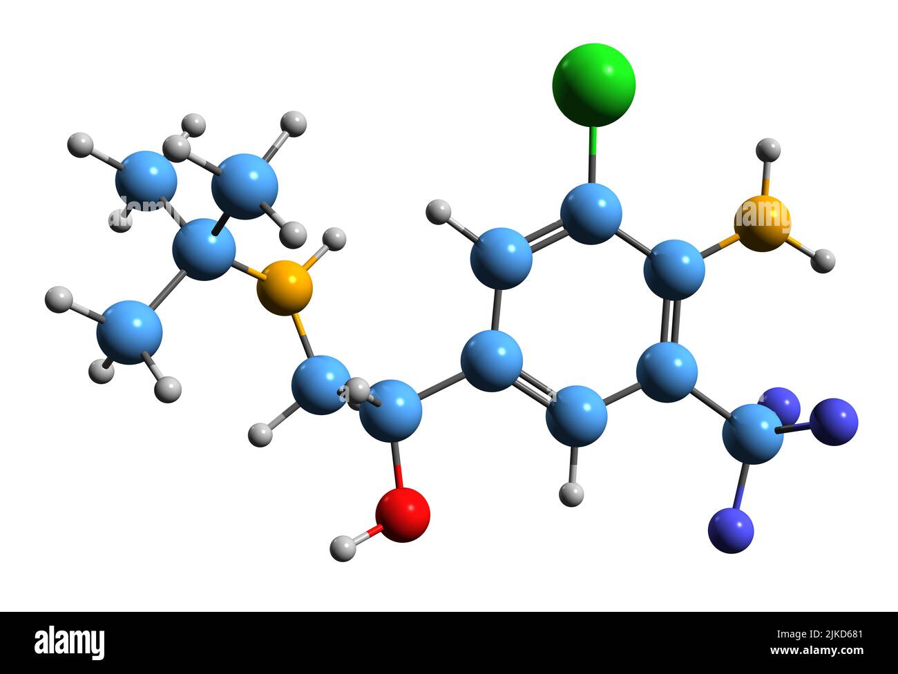 3D immagine di mabuterolo formula scheletrica - struttura chimica molecolare di Beta2-agonisti adrenergici isolati su sfondo bianco Foto Stock