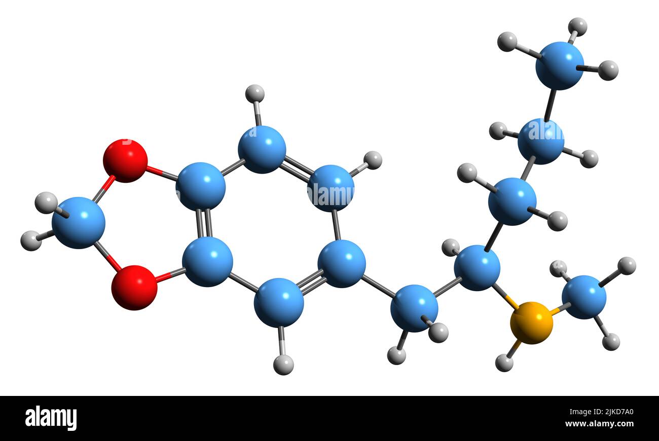 3D immagine della formula scheletrica MBDP - struttura chimica molecolare della 1 3-benzodiossolil-N-metilpentanammina isolata su sfondo bianco Foto Stock