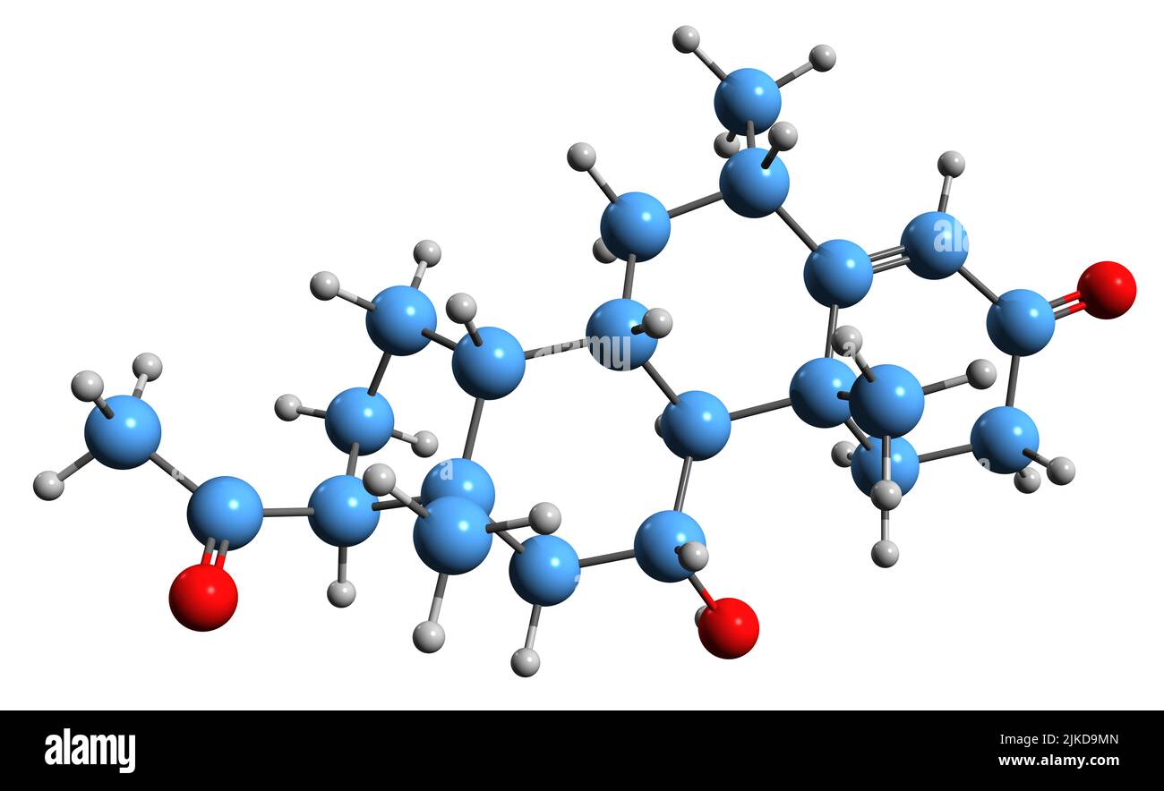 3D immagine della formula scheletrica Medrysone - struttura chimica molecolare del glucocorticoide sintetico Metilidrossiprogesterone isolato su backgro bianco Foto Stock