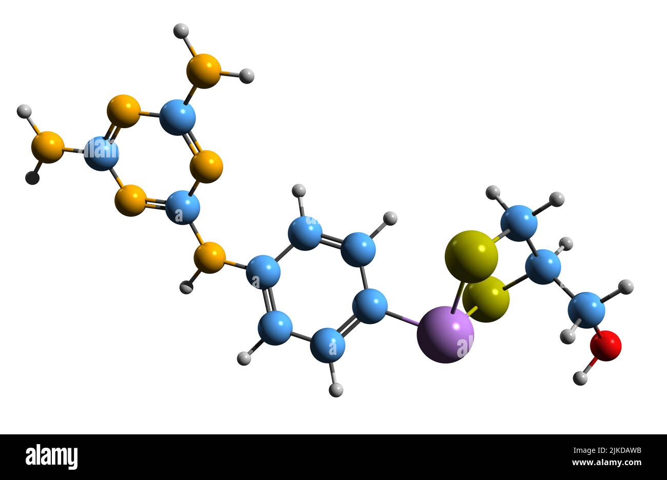 3D immagine della formula scheletrica di Melarsoprol - struttura chimica molecolare del farmaco contenente arsenico isolato su sfondo bianco Foto Stock