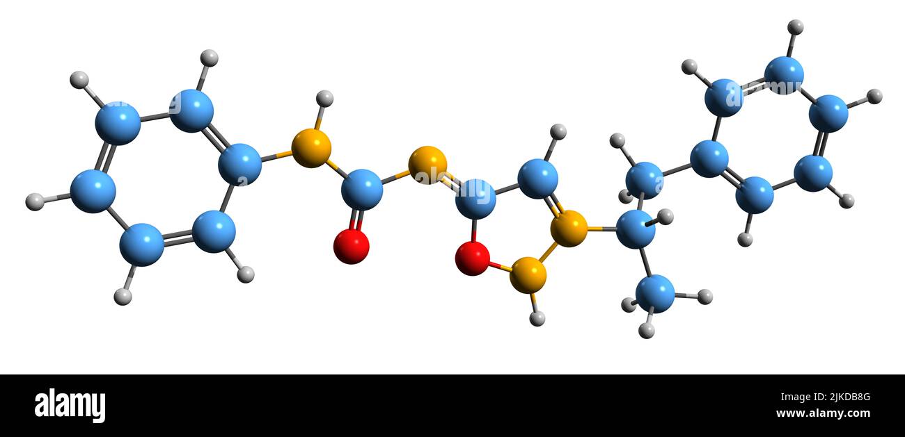 3D immagine della formula scheletrica del Mesocarb - struttura chimica molecolare del farmaco del morbo di Parkinson isolato su sfondo bianco Foto Stock