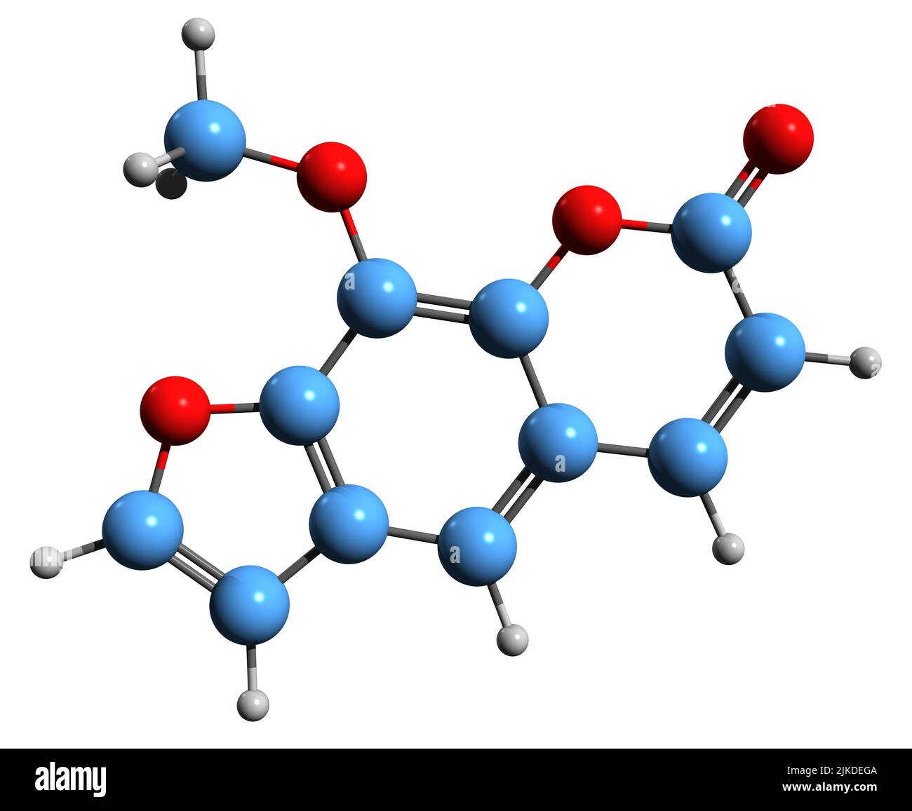 3D immagine di Methoxsalen formula scheletrica - struttura chimica molecolare di psoriasi, eczema, vitiligo farmaco isolato su sfondo bianco Foto Stock