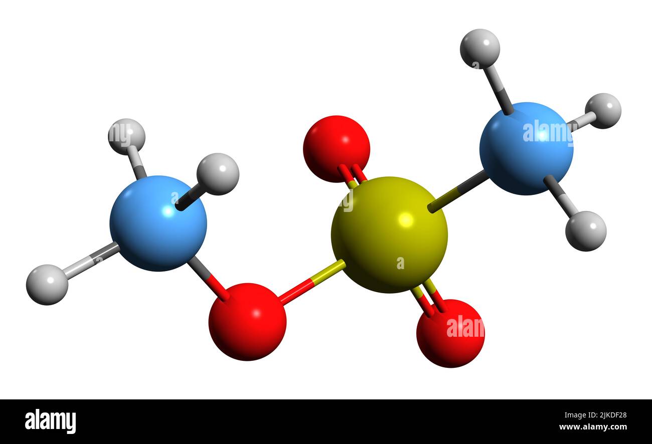 3D immagine di metilmetansolfonato formula scheletrica - struttura chimica molecolare di alchilante isolato su sfondo bianco Foto Stock