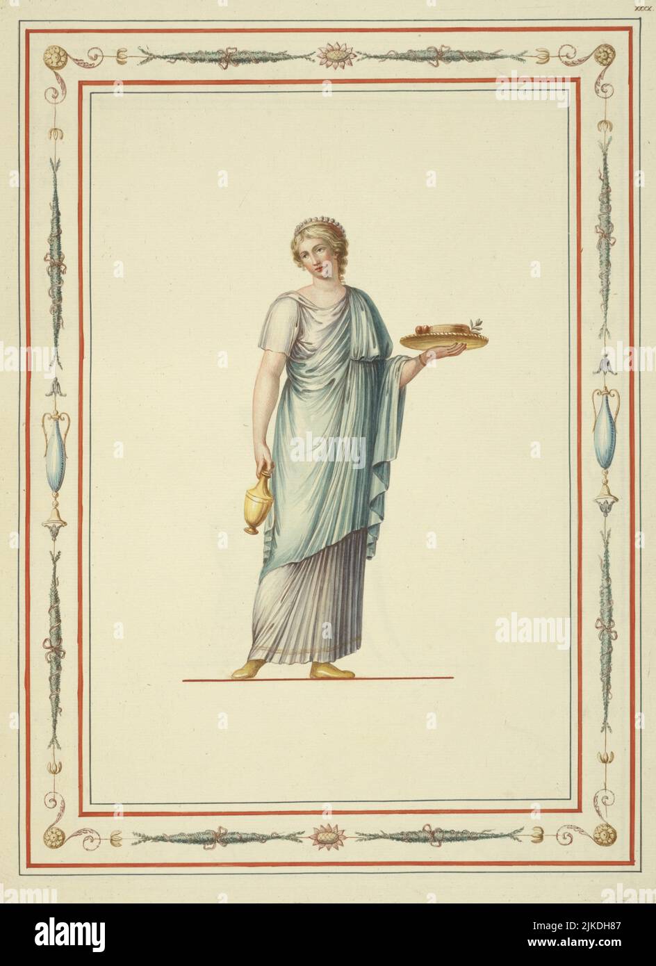 Donna in abito classico che tiene vaso e piatto di cibo. Mariette, Pierre-Jean, 1694-1774 (autore). Collezione di dipinti antichi trovati a Roma: Foto Stock