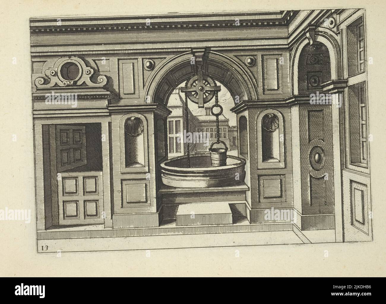 Ben costruito nel muro con porta olandese. Vredrean de Vries, Hans, 1527-ca. 1604 (autore) Galle, Philippe, 1537-1612 (incisore). Puits et Fontaines: Foto Stock