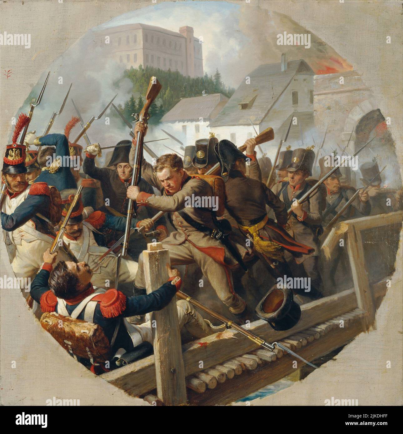 La battaglia di Ebelsberg del 1806 - Karl von Blaas (1815–1894), circa 1870, Medium:oil su tela Foto Stock