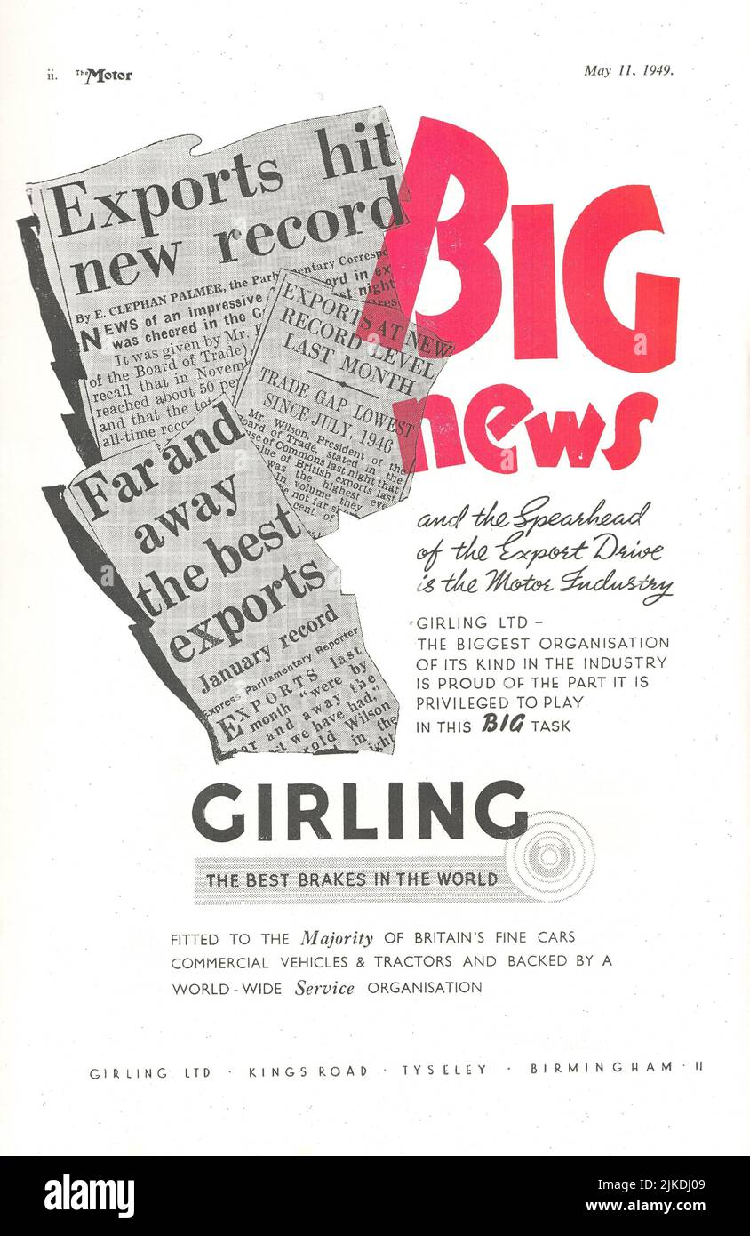 Girling i freni migliori nel mondo vecchio annuncio d'annata da una rivista automobilistica britannica 1949 Foto Stock