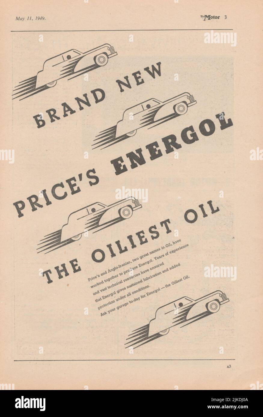 Energol olio motore olio vecchio annuncio d'epoca da una rivista automobilistica britannica 1949 Foto Stock