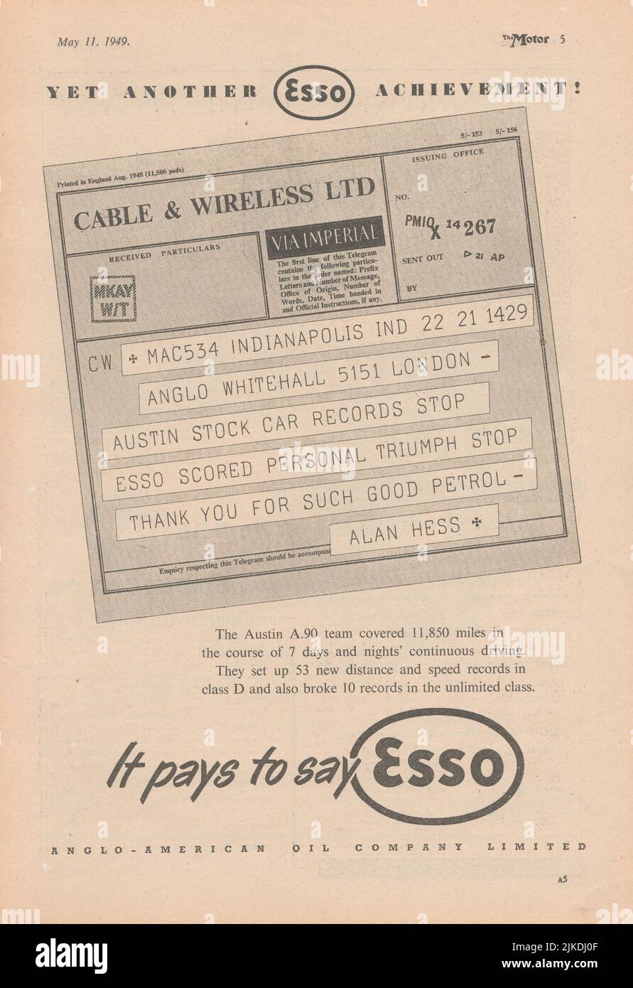 Esso vecchio annuncio di annata da una rivista di auto del Regno Unito 1949 Foto Stock