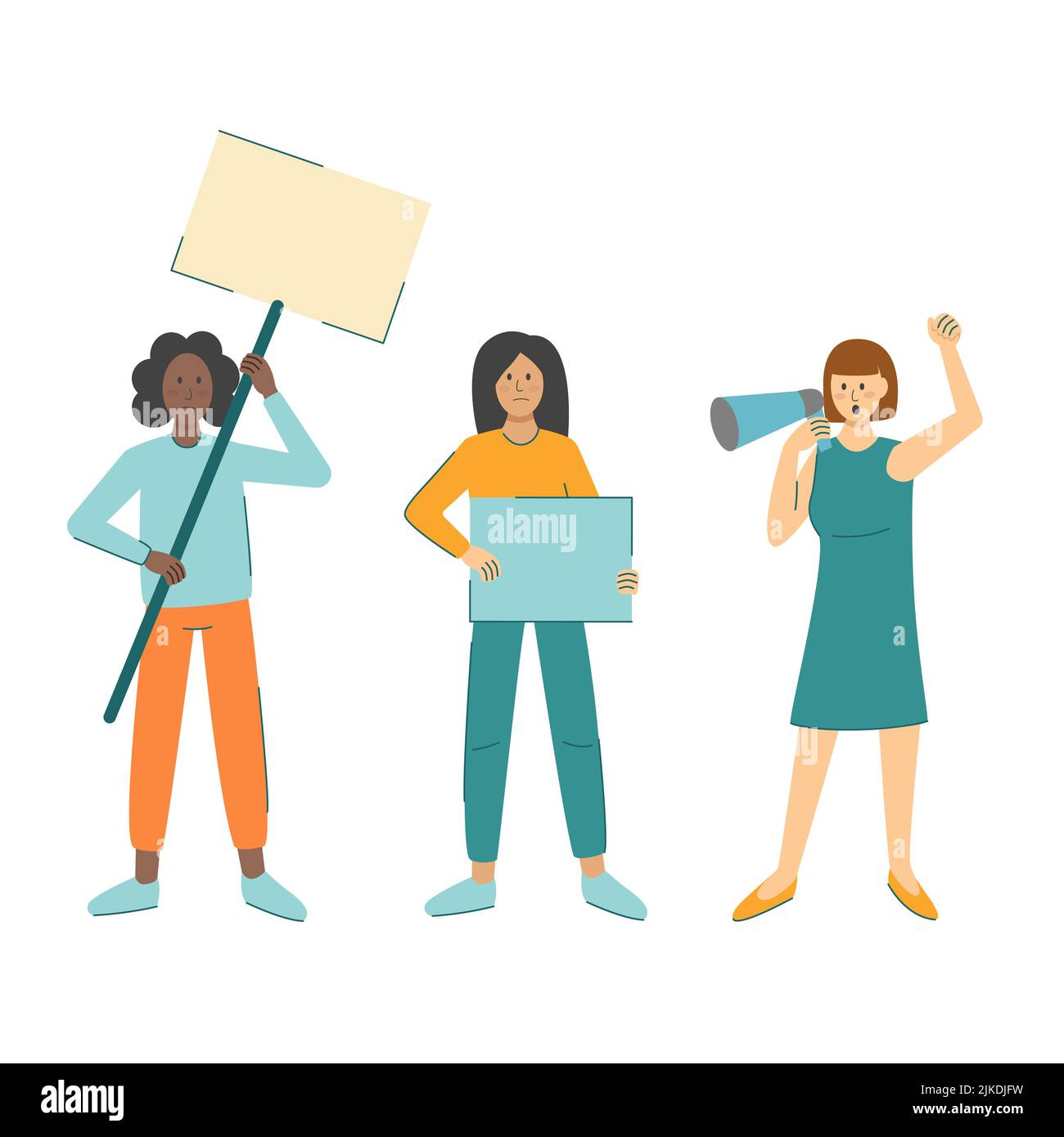 Illustrazione vettoriale del concetto di protesta femminile internazionale. Le donne diverse razze difendono i loro diritti. Ragazze adulte con cartelli e megafono isolato Illustrazione Vettoriale