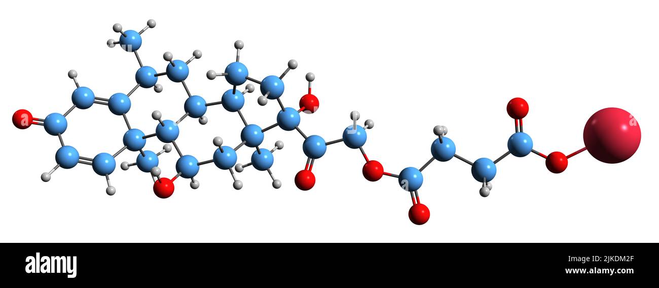 3D immagine di metilprednisolone succinato di sodio formula scheletrica - struttura chimica molecolare di agonista sintetico del recettore glucocorticoideo isolato Foto Stock