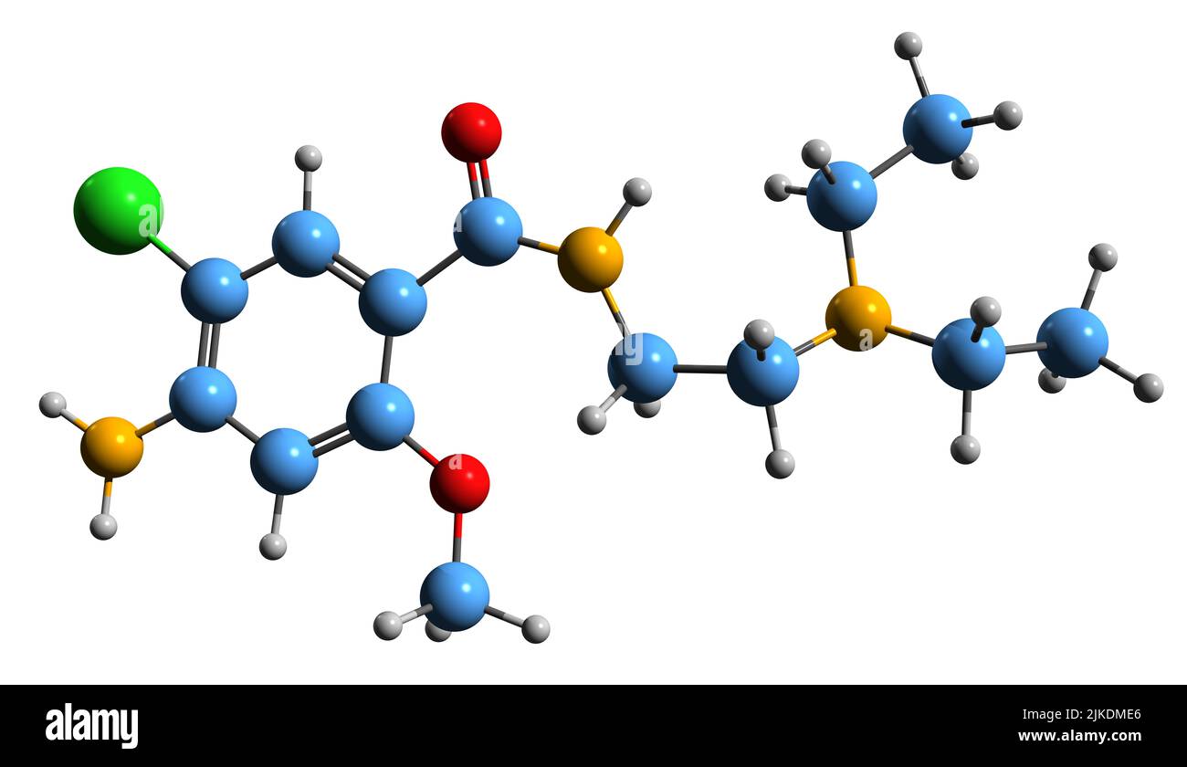 3D immagine della formula scheletrica Metoclopramide - struttura chimica molecolare del farmaco gastrico isolato su sfondo bianco Foto Stock
