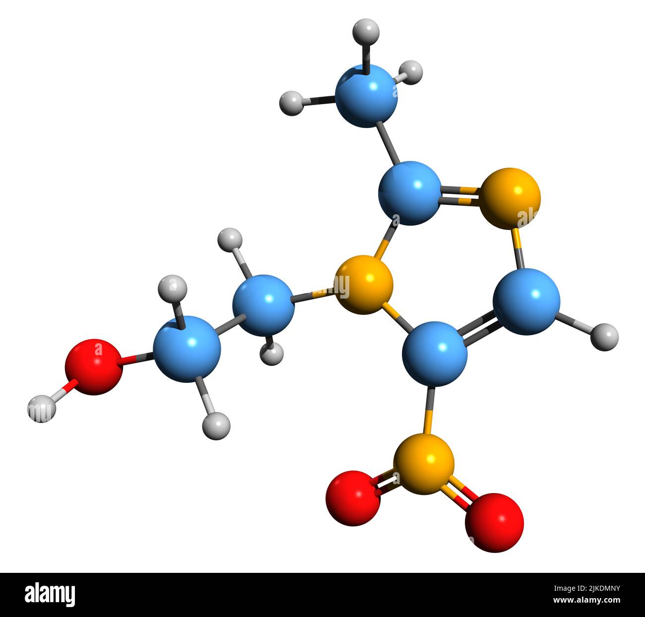 3D immagine di Metronidazole formula scheletrica - struttura chimica molecolare di antibiotici e farmaci antiprotozoici isolati su sfondo bianco Foto Stock