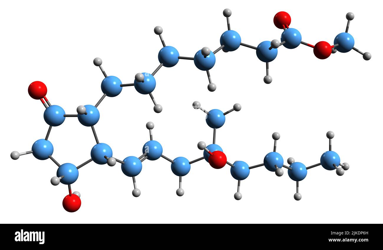 3D immagine della formula scheletrica Misoprostol - struttura chimica molecolare del farmaco di Prostaglandina sintetica isolato su sfondo bianco Foto Stock