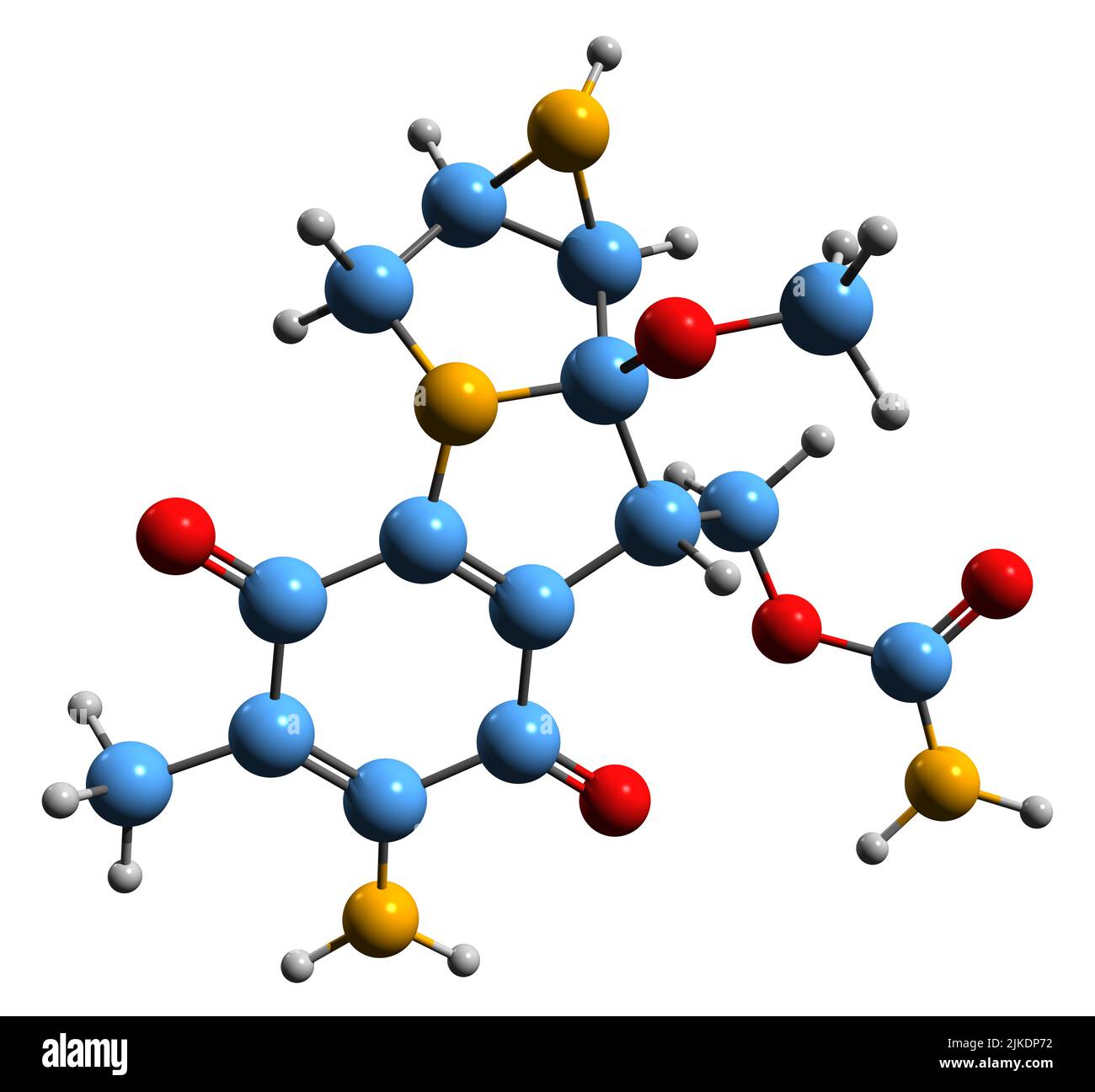 3D immagine di Mitomycins formula scheletrica - struttura chimica molecolare di prodotto naturale contenente aziridina isolato su sfondo bianco Foto Stock