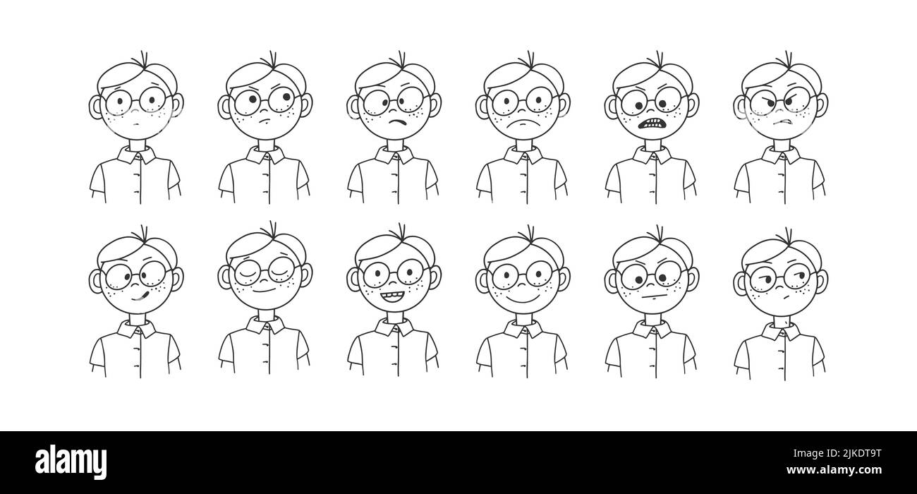 Una serie di disegni di un uomo cartoon in occhiali con diverse emozioni sul suo volto. Stile Doodle Illustrazione Vettoriale