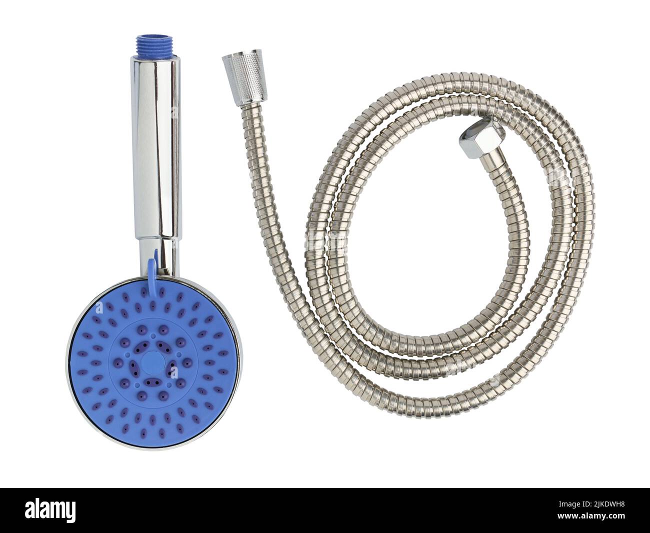 Doccia e tubo della doccia isolati su sfondo bianco da vicino Foto Stock