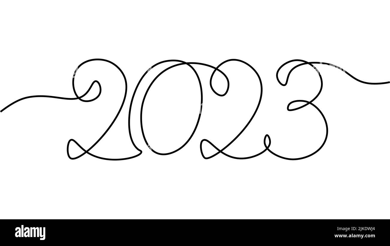 2023 nuovo anno single linea continua art. Biglietto di auguri decorazione titolo. Numeri di data concetto design. Un disegno di contorno di schizzo bianco Illustrazione Vettoriale