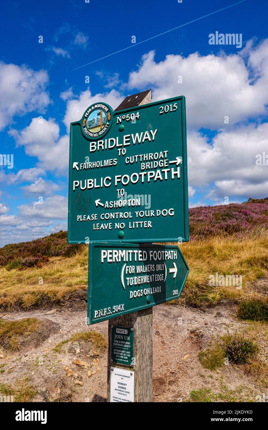 Cartello sopra il lago artificiale di Ladybower visto dall'alto, da Derwent Edge, Peak District National Park, Derbyshire, Regno Unito Foto Stock