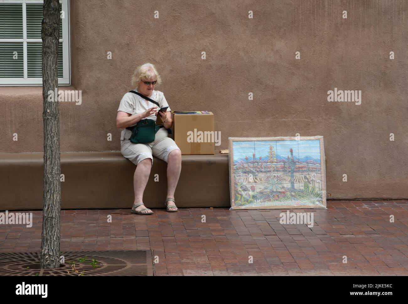 Una donna si siede per usare il suo smartphone dopo aver fatto acquisti in un festival all'aperto di arte ini Santa Fe, New Mexico. Foto Stock