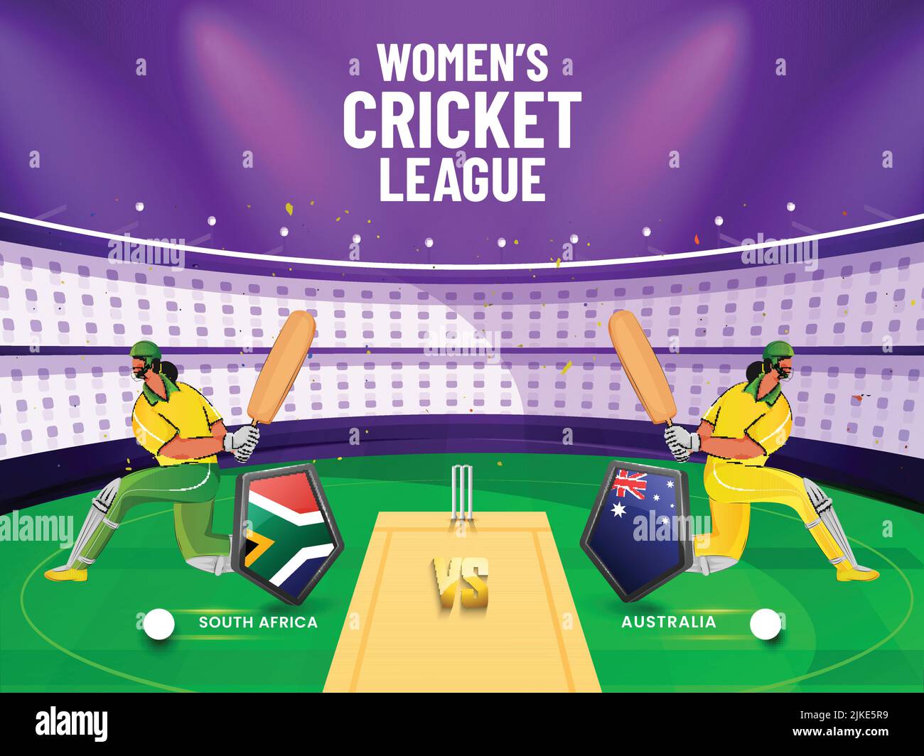 Women's Cricket Match tra Sud Africa e Australia con 3D Flag Shields e personaggio dei giocatori di batter su Stadium View background. Illustrazione Vettoriale