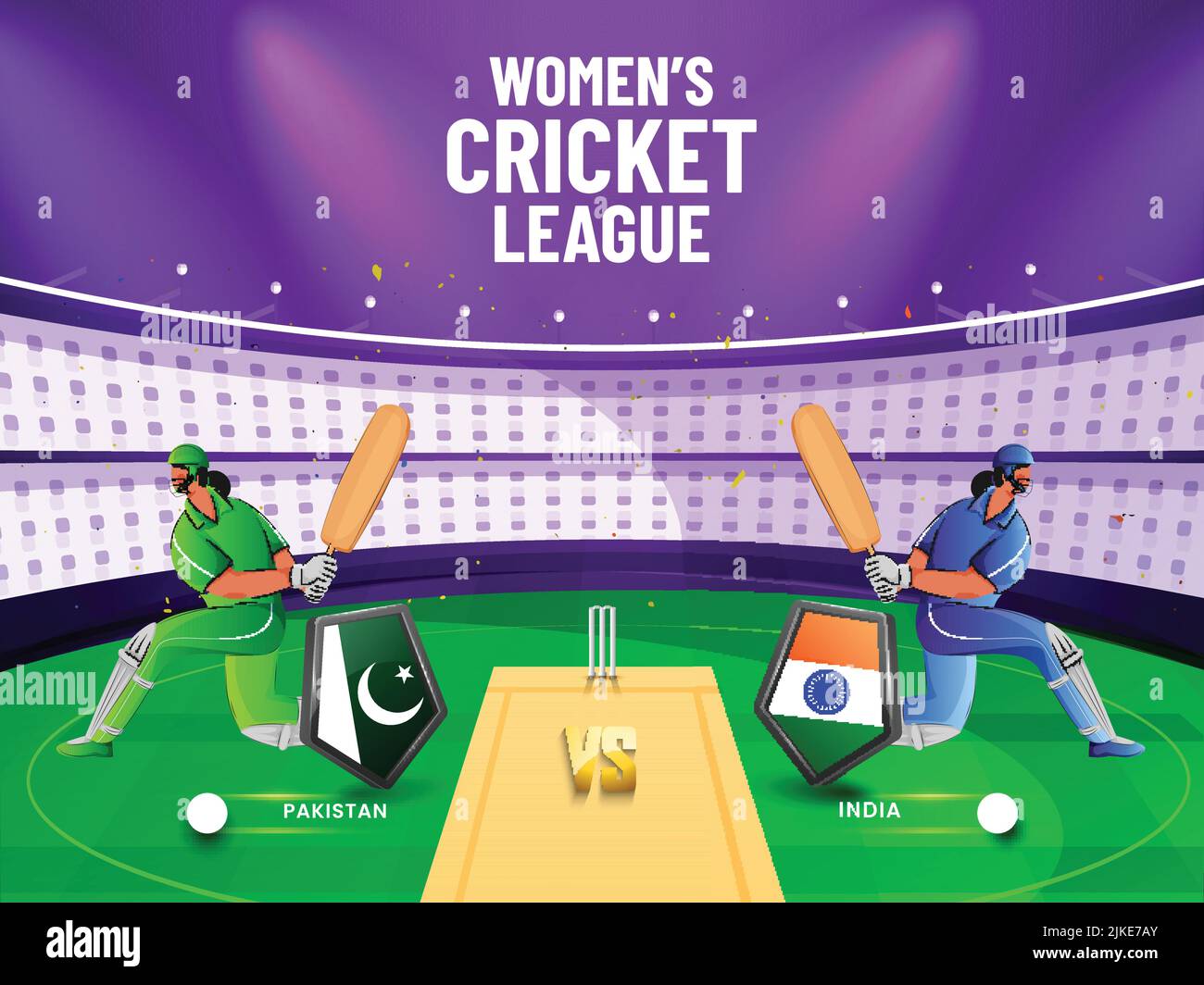 Women's Cricket Match tra Pakistan vs India con 3D Flag Shields e personaggio Batter giocatori su Stadium View background. Illustrazione Vettoriale