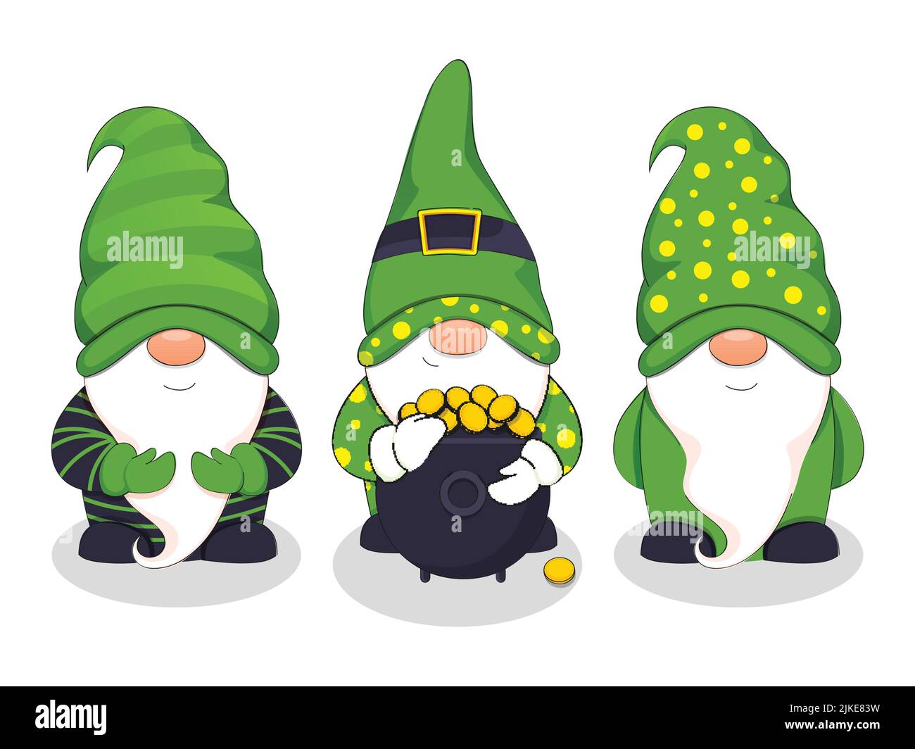 Divertente personaggio Gnome con Cauldron pieno di monete su sfondo bianco. Illustrazione Vettoriale