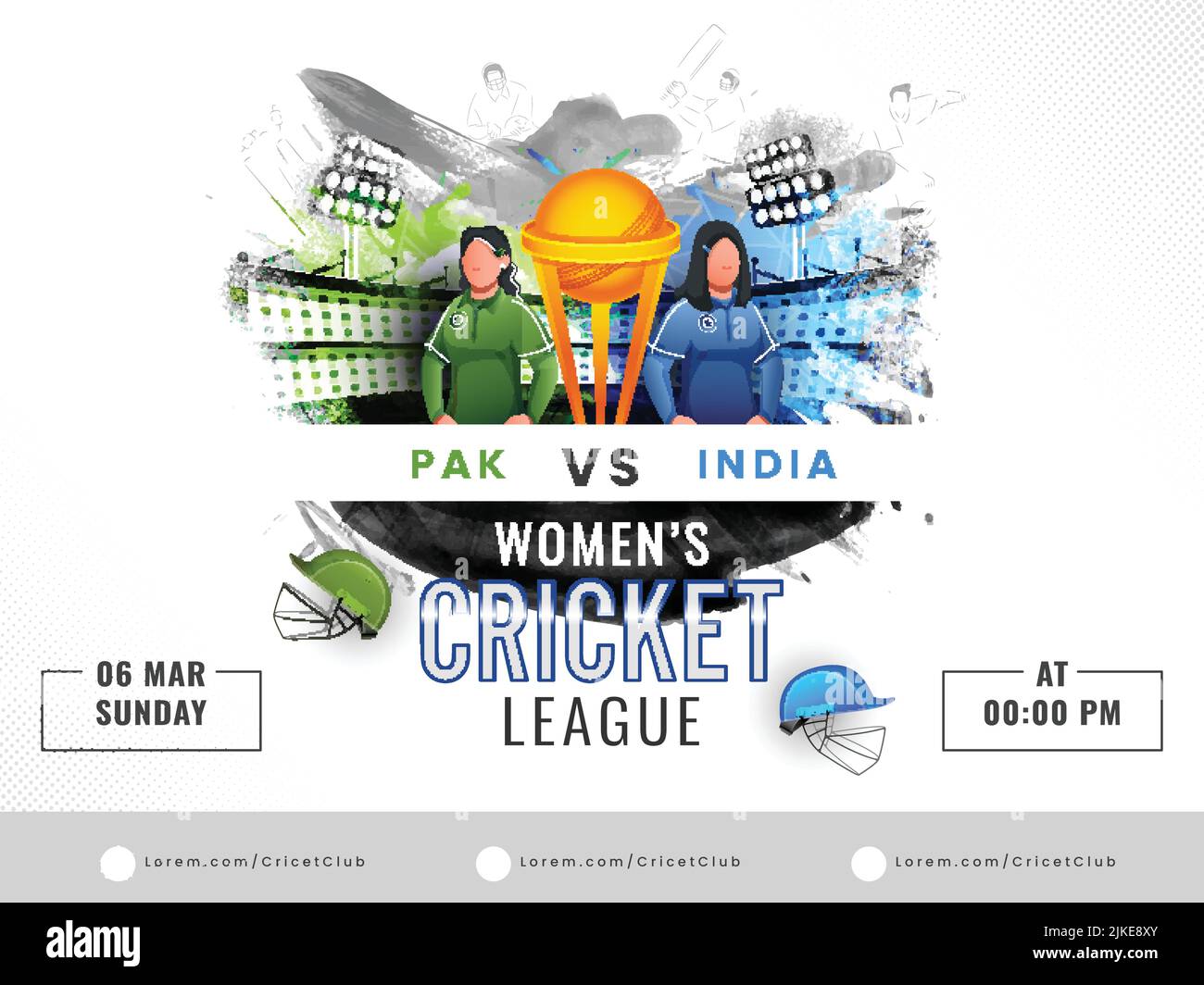 Partita di cricket femminile tra Pakistan e India con giocatori di cricket senza volto e Coppa dei Trofei vincenti sullo sfondo Grunge Brush Stadium. Illustrazione Vettoriale