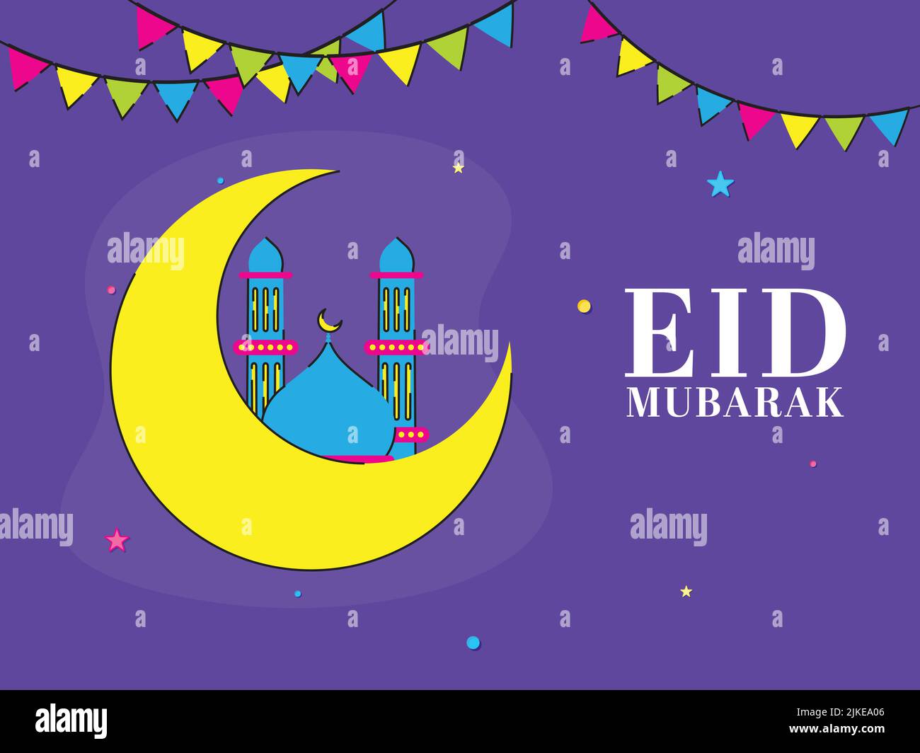 EID Mubarak Celebration Concept con Crescent Moon, Moschea, Stelle e Bandiere Bunting decorate su sfondo viola. Illustrazione Vettoriale