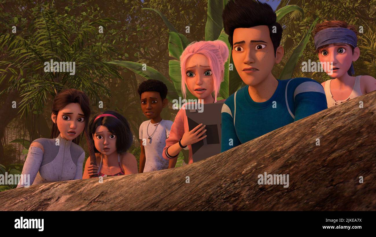 JURASSIC WORLD: CAMP CRETACEOUS, da sinistra: Yasmina 'Yaz' Fadoula (voce: Kausar Mohammed), Sammy Gutierrez (raini Rodriguez), Darius Bowman (voce: Paul-Mikel Williams), Brooklynn (Jenna Ortega), Kenji Kon (voce: Ryan Potter), ben Seflies 2022, 5 luglio 21 (voce: Everflix) Foto Stock
