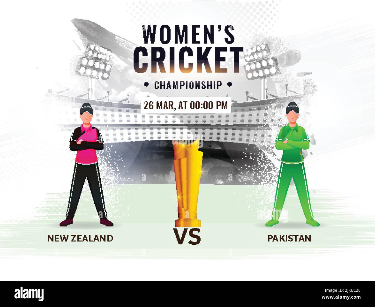 Partita di cricket femminile tra la Nuova Zelanda e il Pakistan con giocatori senza volto e Golden Trophy Cup su Abstract Grunge Stadium View. Illustrazione Vettoriale