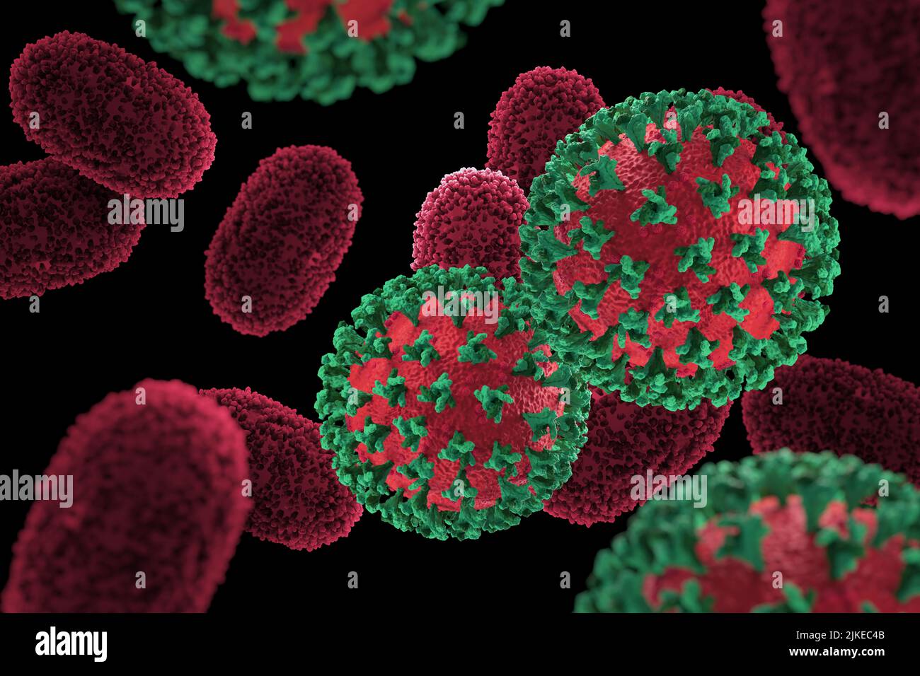 Virus Monkeypox con coronavirus 3D rendering illustrazione, background medico COVID e scimmia pox Foto Stock