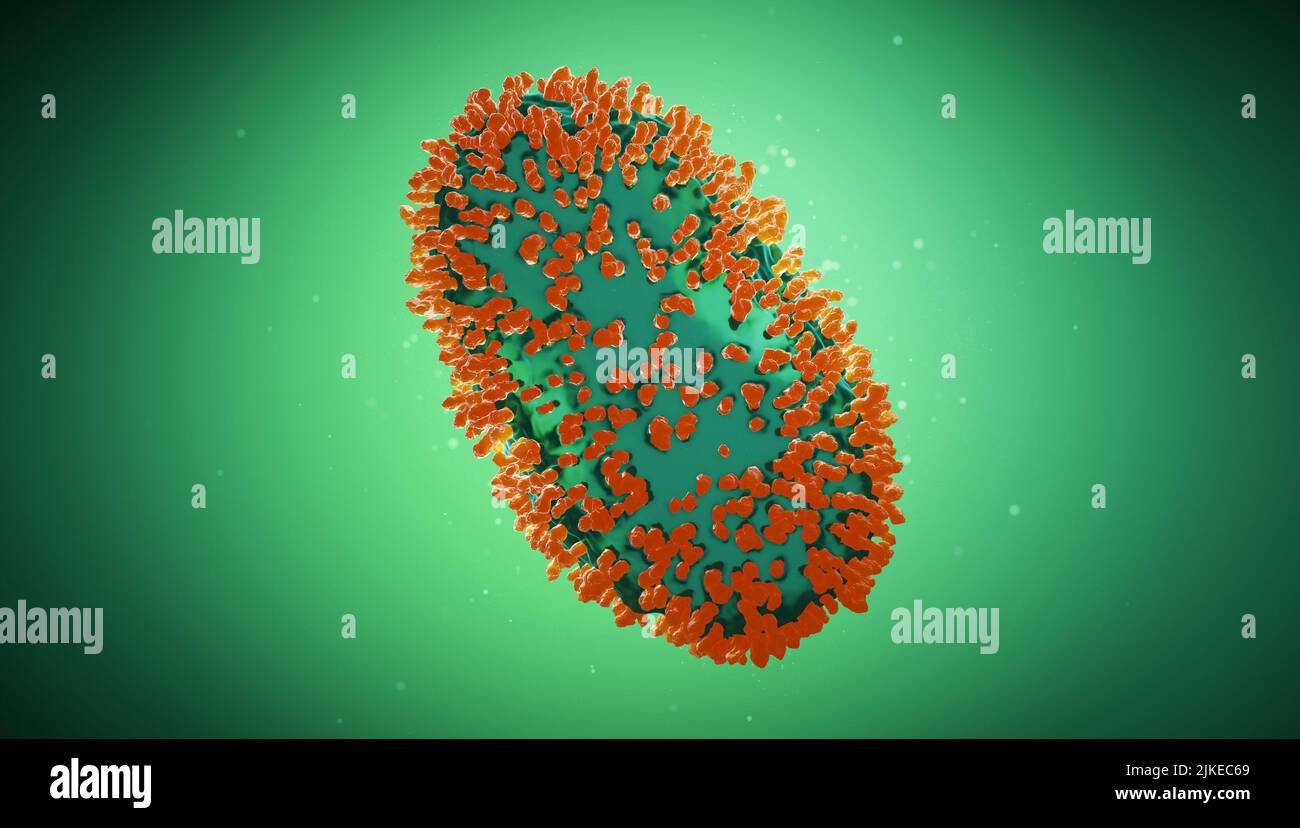 Monkeypox virus immagine medica 3D rendering. Emergenza sanitaria globale infezione da varicella scimmia. Foto Stock